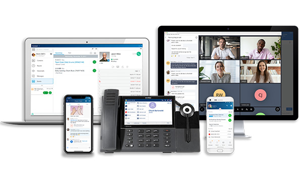 Mitel MiVoice Business Anwendung auf Laptop, Desktop-Computer, Telefon und Smartphone.